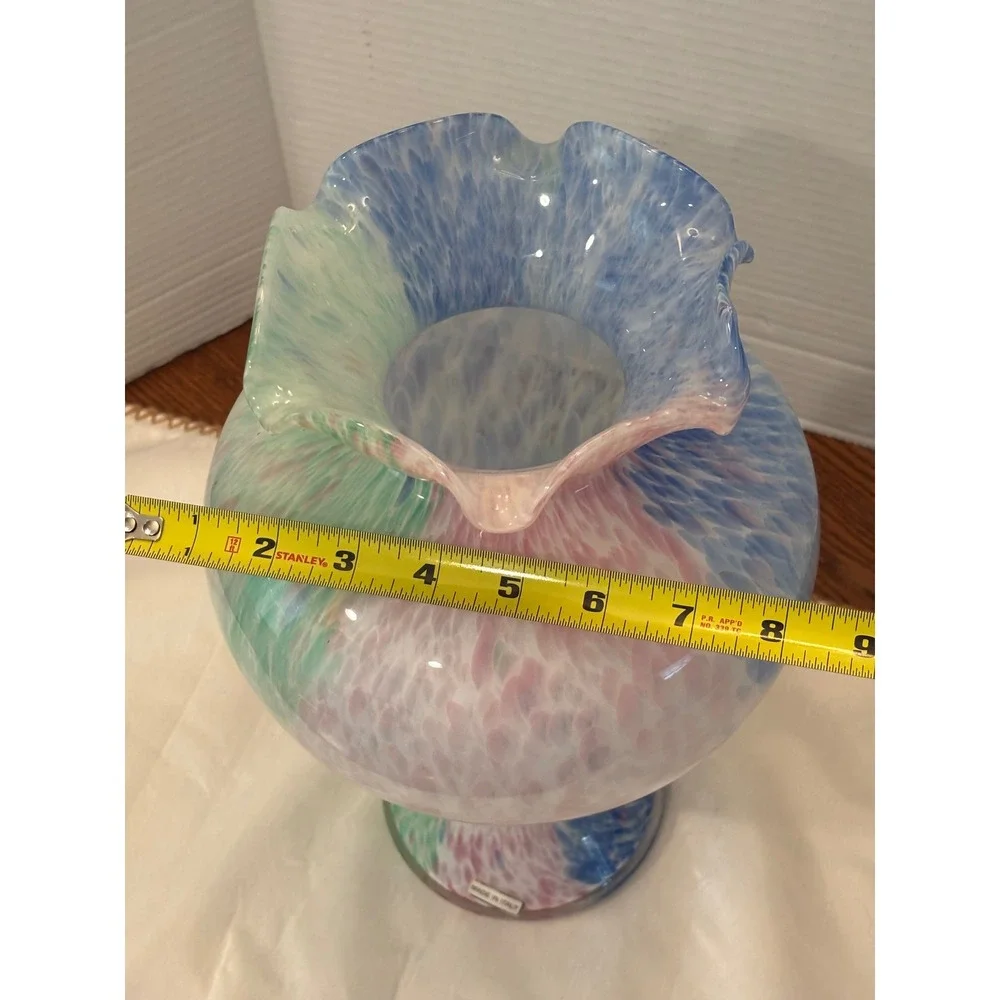 Arte Murano Glass Vase Ruffled Rim Confetti Blue Pink Green  11.75